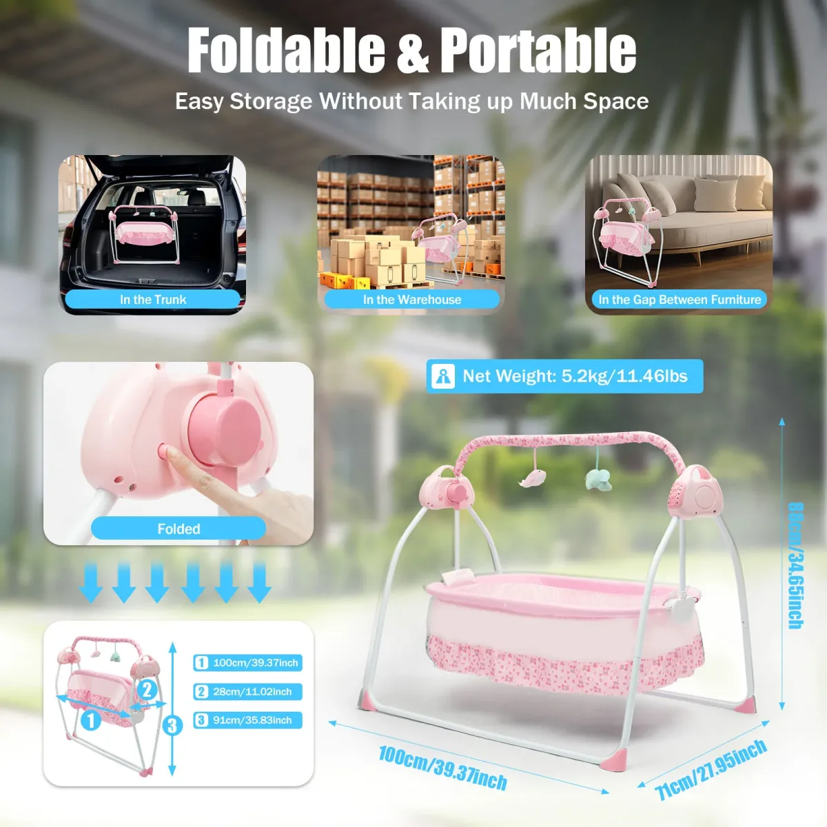 Berceau électrique pliable rose pour bébé