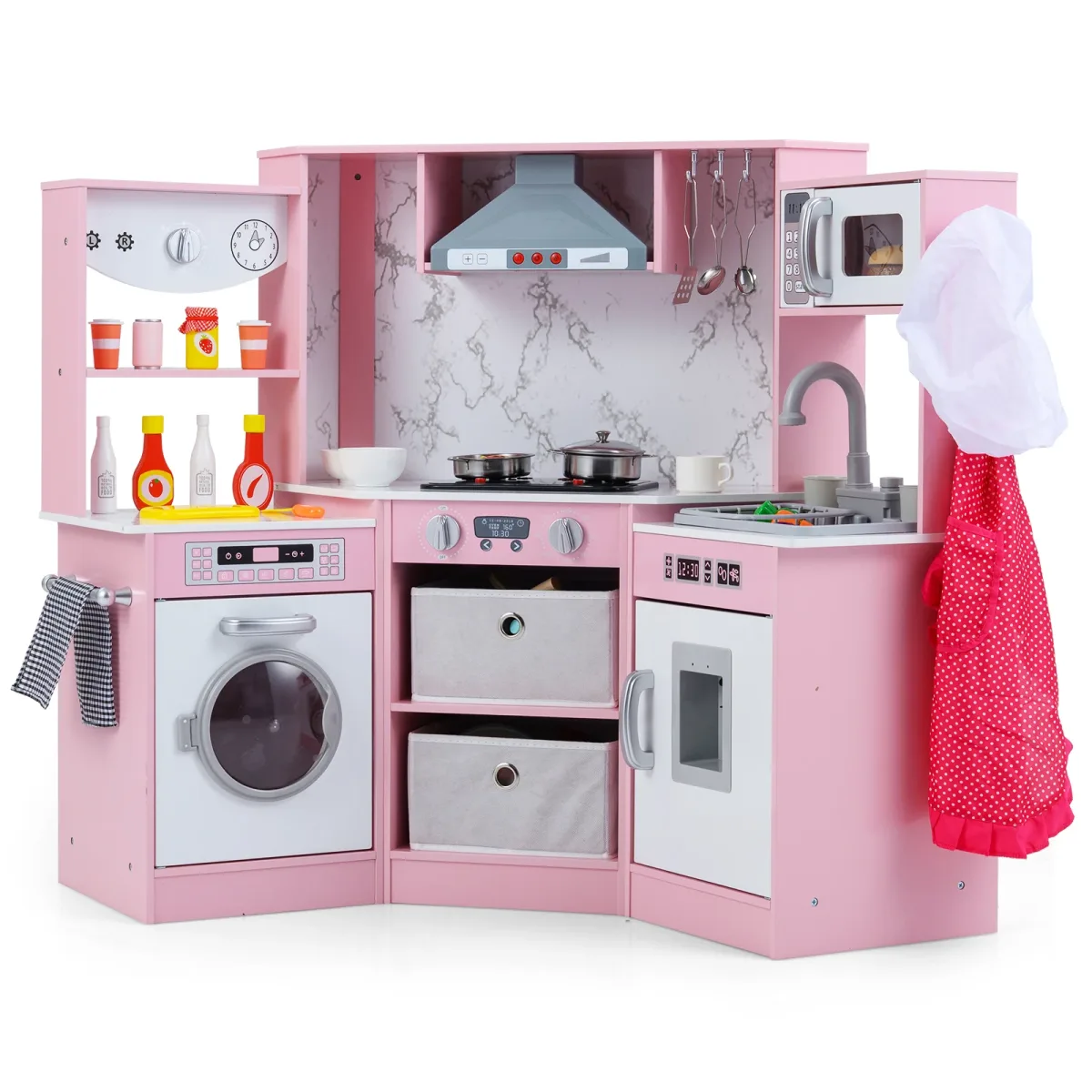 Cuisine de jeu d'angle rose et blanche en bois