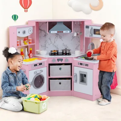 Cuisine de jeu d'angle rose et blanche en bois – image 2
