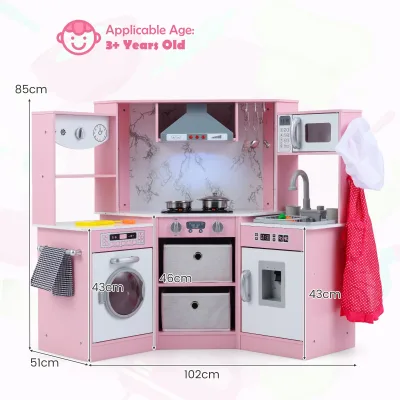 Cuisine de jeu d'angle rose et blanche en bois – image 3