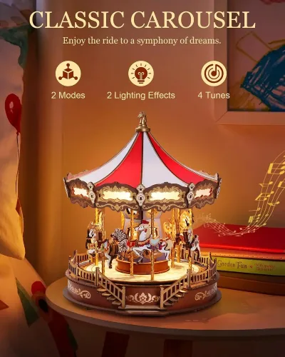 Puzzle 3D carrousel en bois avec boîte à musique – image 2