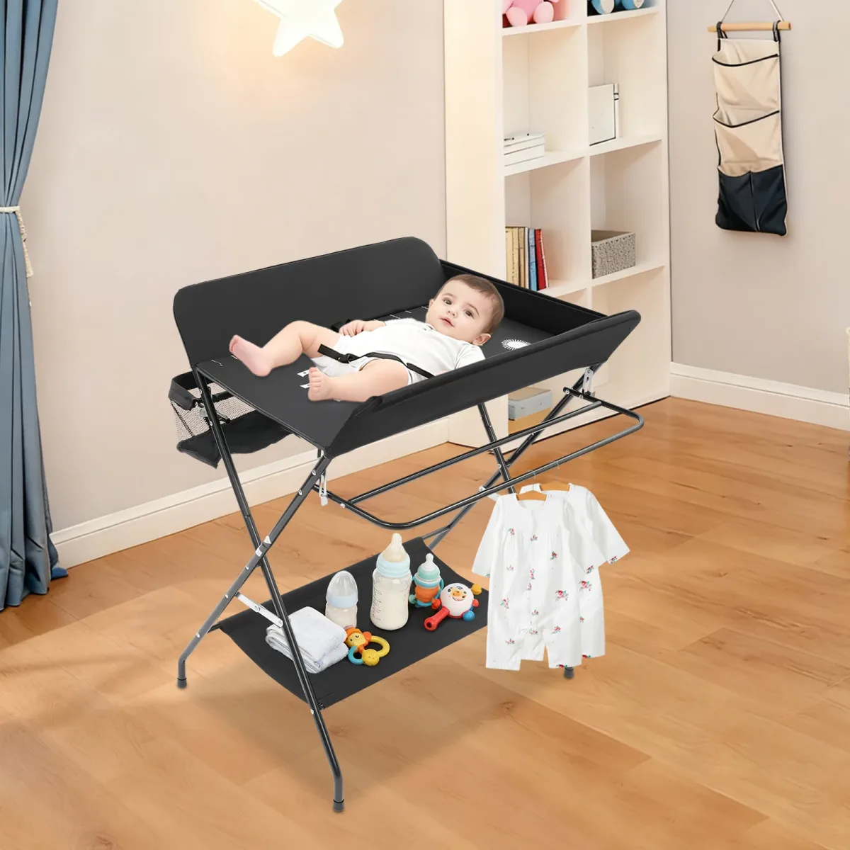 Table à langer pliable noire en métal et étagères