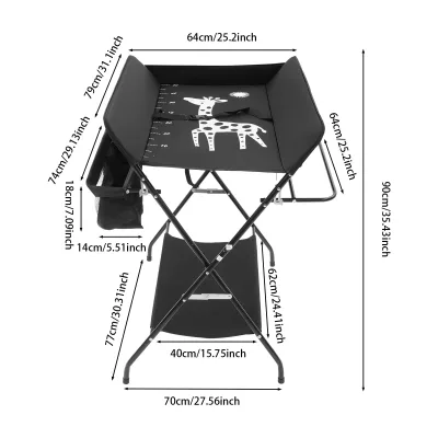 Table à langer pliable noire en métal et étagères – image 2